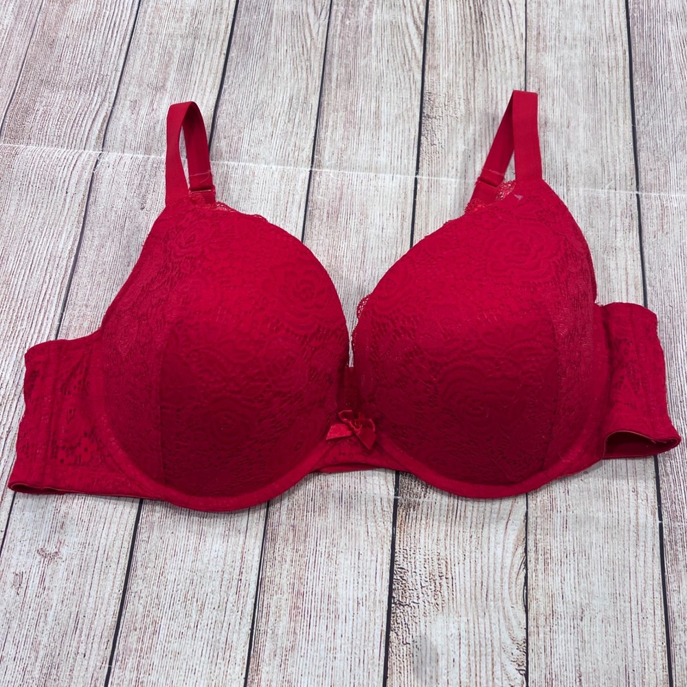 Savage X Fenty Red Floral Lace Underwire Bra 42DD Full Coverage Rose Bow Detail